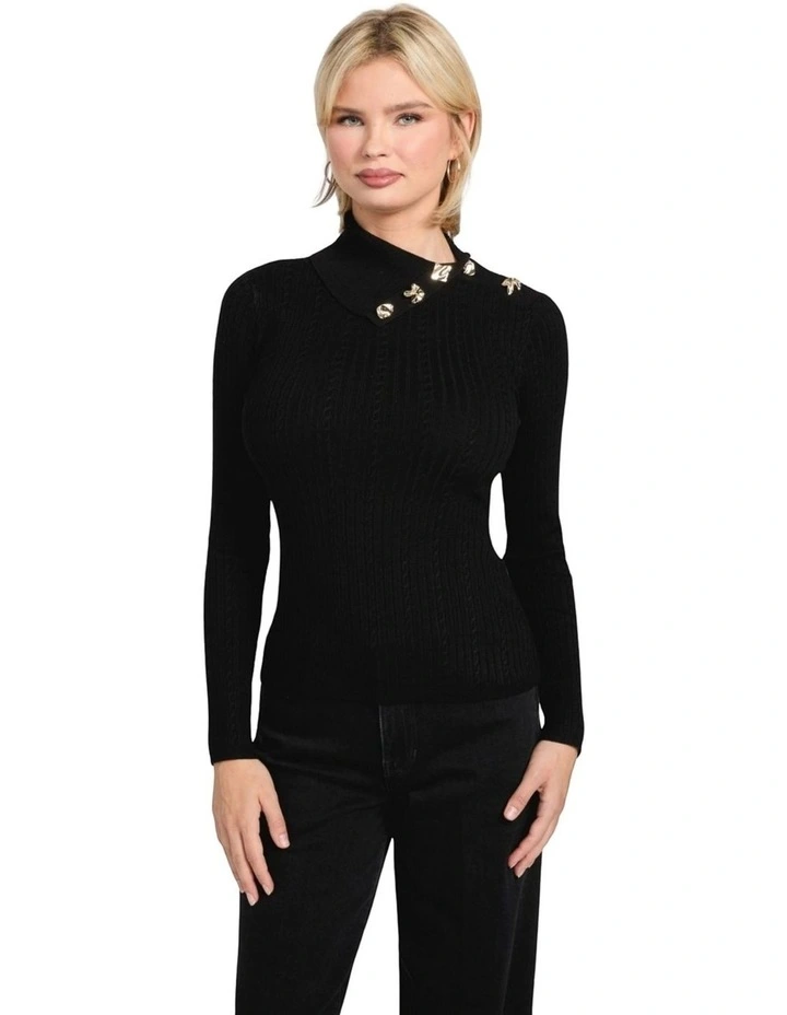 T-Neck Priscilla Cable Rib Sweater in Black image 1
