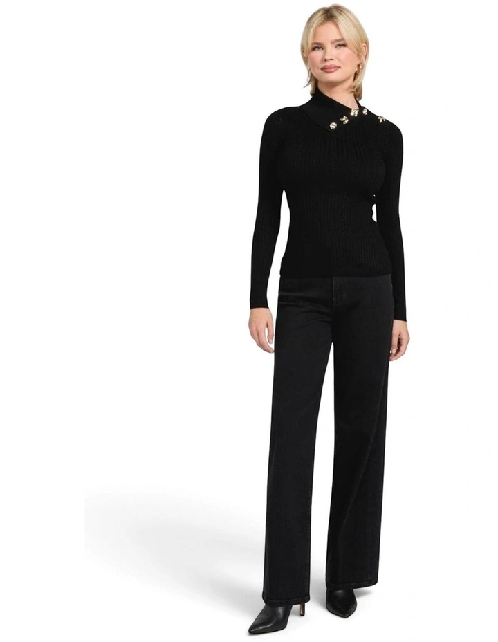 T-Neck Priscilla Cable Rib Sweater in Black image 3