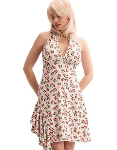 Eco Print Halter Neck Dress in Red Cherries