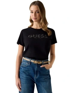 Short Sleeve Studs Script T-Shirt in Black