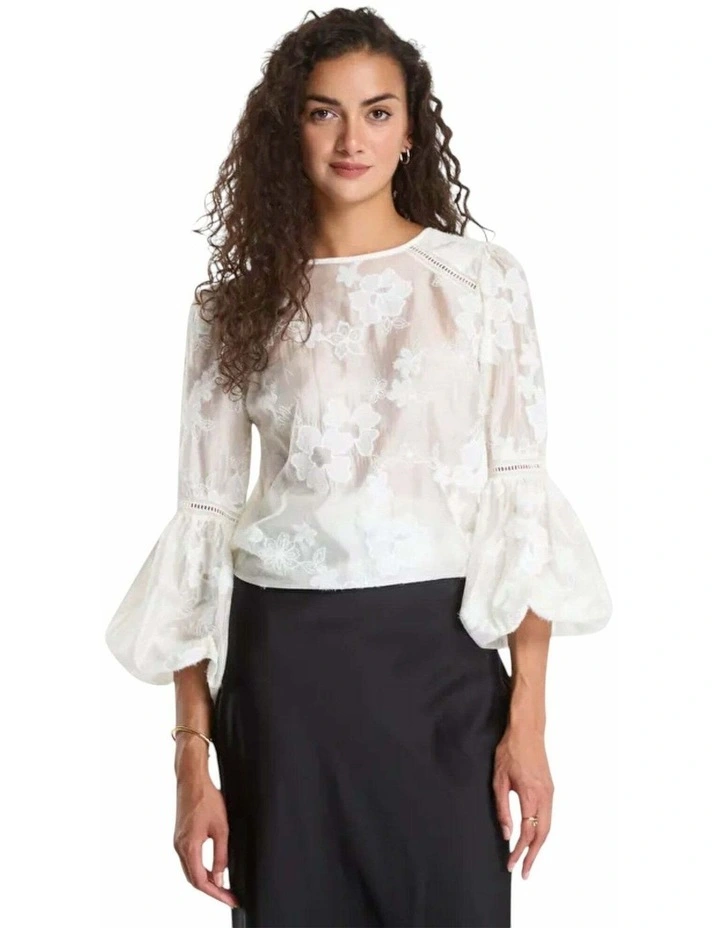 Long Sleeve Brigitte Embro Top in Cream White image 1