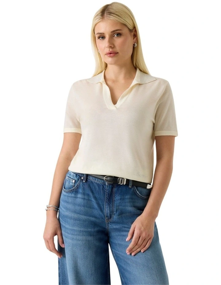 Short Sleeve Stormi Rhinestone Polo Sweater in White image 1