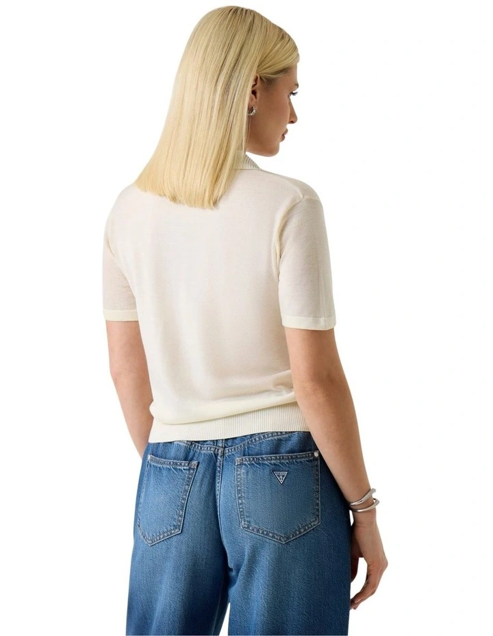 Short Sleeve Stormi Rhinestone Polo Sweater in White image 3