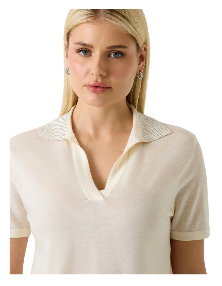 Short Sleeve Stormi Rhinestone Polo Sweater in White image 4