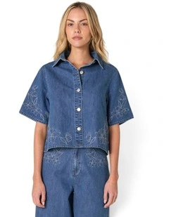 Sloane Embroidered Denim Shirt in Mid Blue