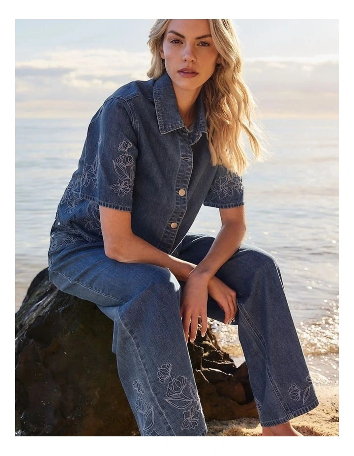 Sloane Embroidered Denim Shirt in Mid Blue image 2