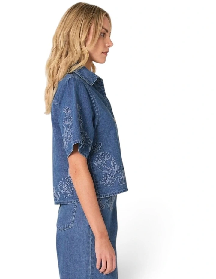 Sloane Embroidered Denim Shirt in Mid Blue image 3