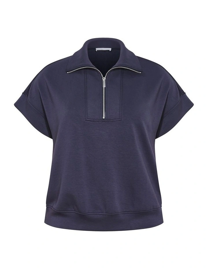 Kay Zip Short Sleeve Sweat Top in Navy image 3