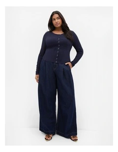 Cassia Button Through Rib Top in Navy