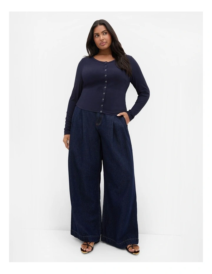 Cassia Button Through Rib Top in Navy image 1