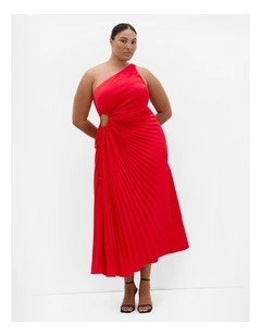 Aliza One Shoulder Pleat Maxi Dress in Red