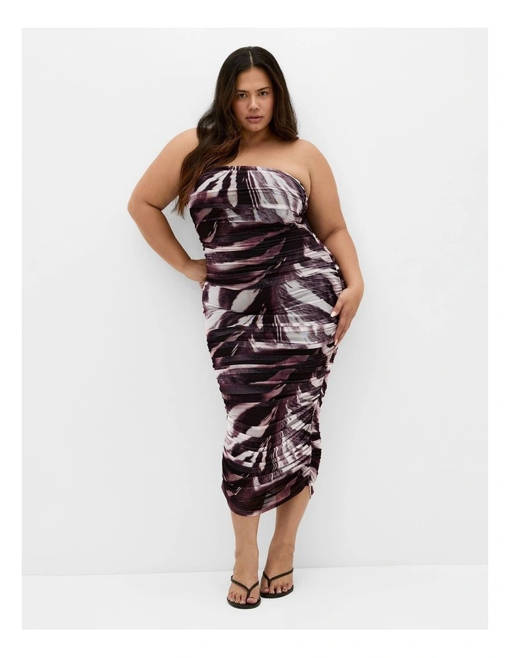 Halo Strapless Ruched Print Dress in Dark Chocolate image 1