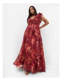 Mystique Print Ruffle Maxi Dress in Rust