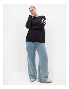 Oversized Brklyn Long Sleeve Cotton Tee in Navy
