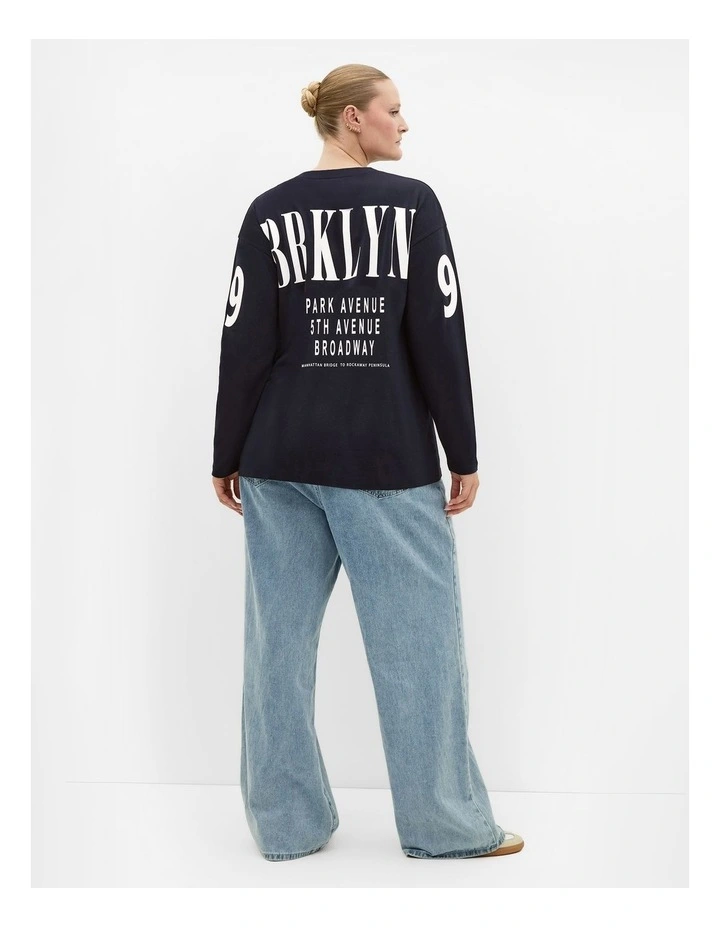 Oversized Brklyn Long Sleeve Cotton Tee in Navy image 2