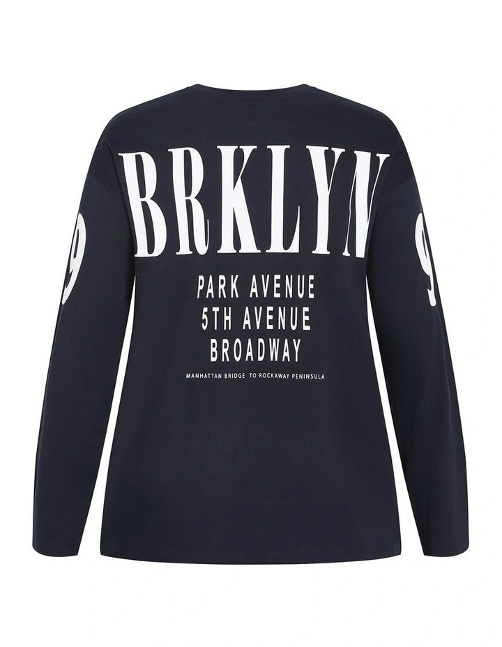 Oversized Brklyn Long Sleeve Cotton Tee in Navy image 4