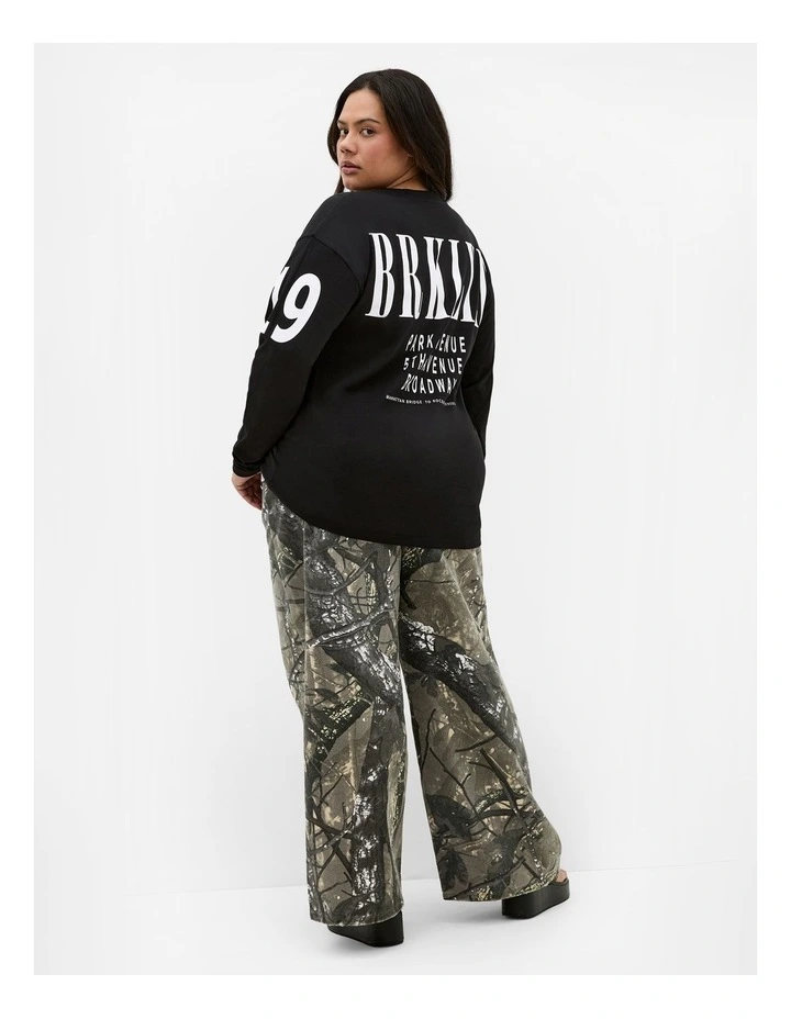 Oversized Brklyn Long Sleeve Cotton Tee in Black image 2
