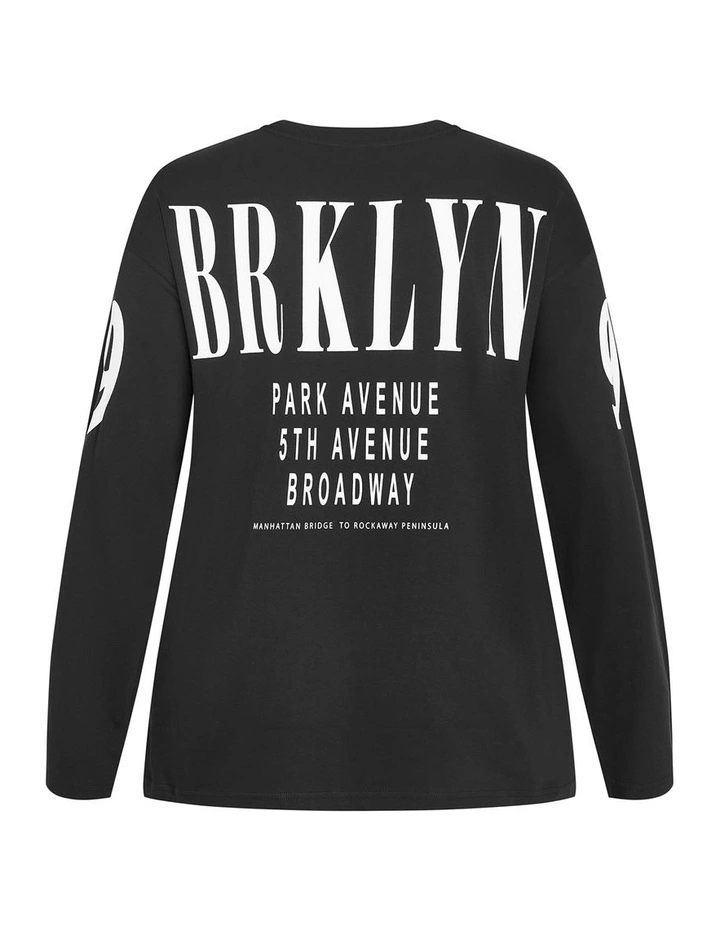 Oversized Brklyn Long Sleeve Cotton Tee in Black image 4