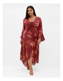 Bloom Print Wrap Maxi Dress in Rust