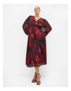 Gia Floral Print Pleat Dress in Ruby