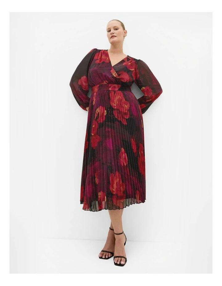 Gia Floral Print Pleat Dress in Ruby image 1