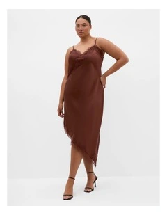 Lace Trim Asymmetrical Hem Dress in Light Espresso