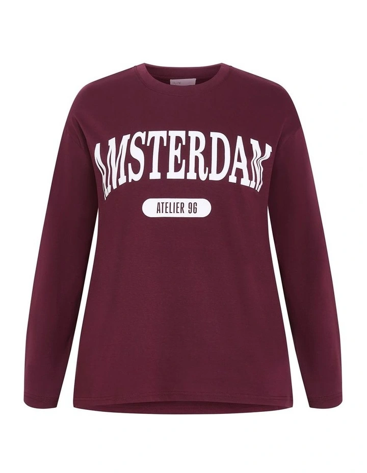 Oversized Amsterdam Long Sleeve Cotton Tee in Dark Cherry image 3