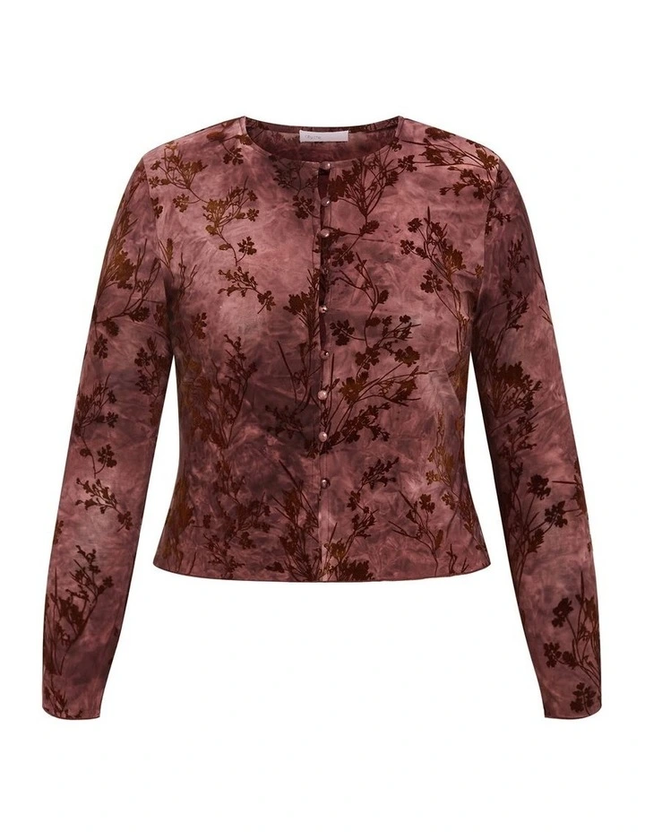 Devore Flock Print Top in Choc Cherry image 3