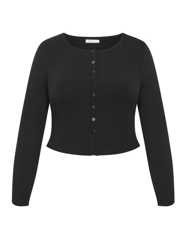 Lily Button Through Rib Top in Black image 3