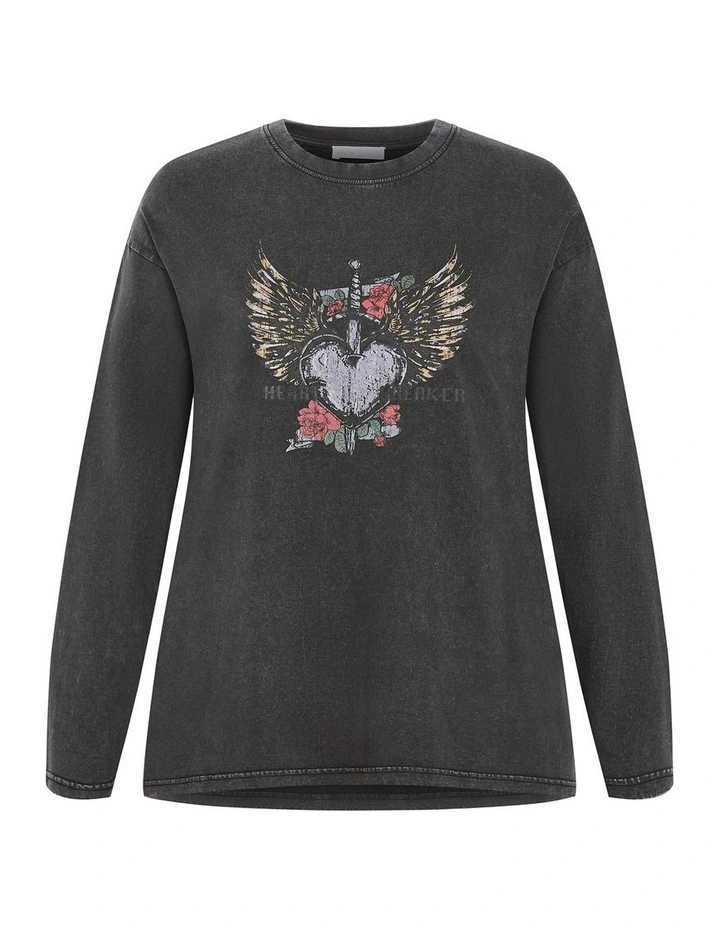 Heart Break Long Sleeve Cotton Tee in Charcoal Wash image 3