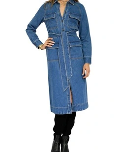 See Through You Midi Belted Trench Dress in Mid Blue
