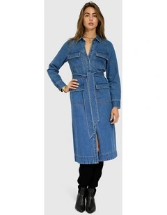 See Through You Midi Belted Trench Dress in Mid Blue