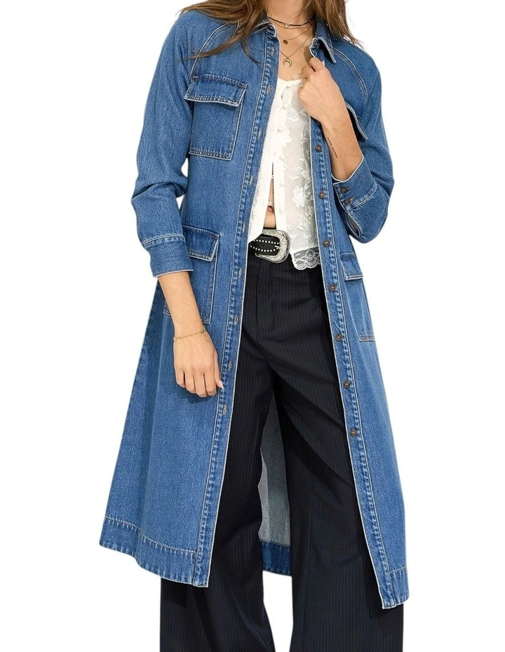 See Through You Midi Belted Trench Dress in Mid Blue image 2
