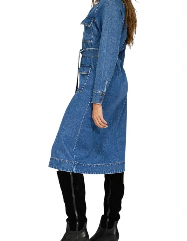 See Through You Midi Belted Trench Dress in Mid Blue image 3