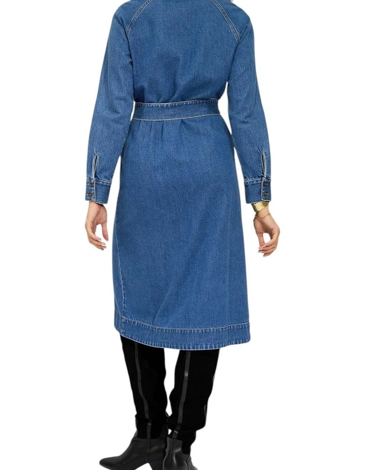 See Through You Midi Belted Trench Dress in Mid Blue image 4