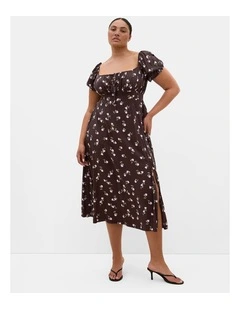 Abbie Short Sleeve Field Print Maxi Dress in chocolate