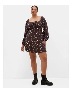 Aire Field Print Long Sleeve Mini Dress in chocolate