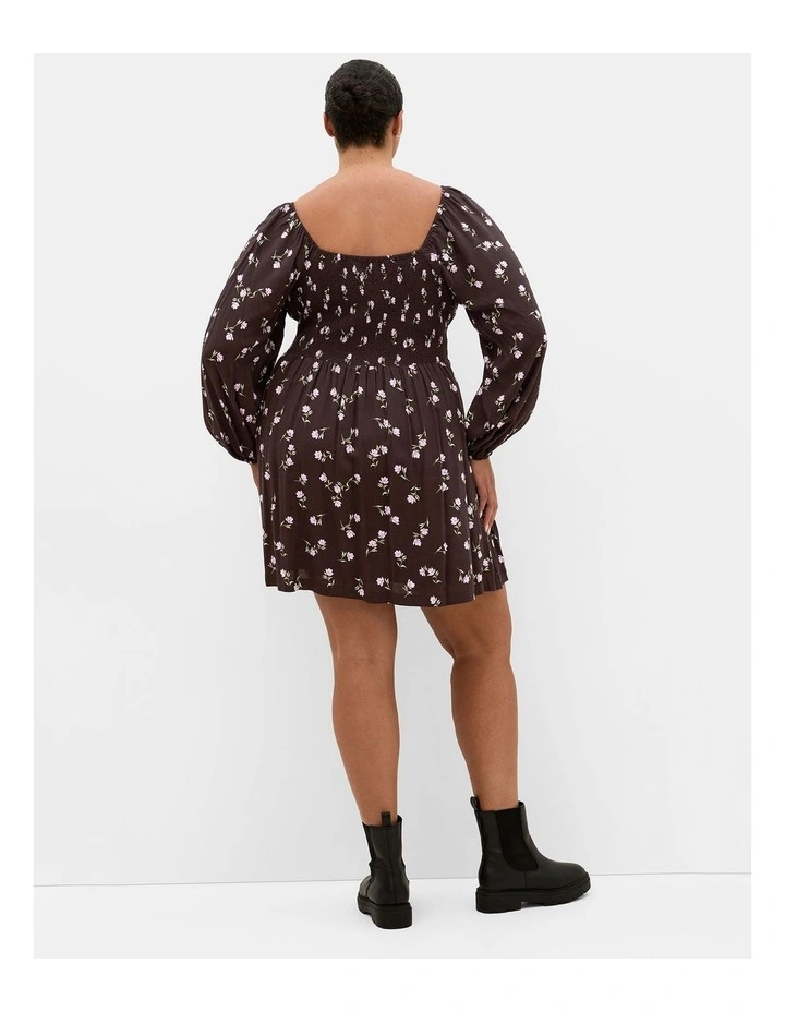 Aire Field Print Long Sleeve Mini Dress in chocolate image 2