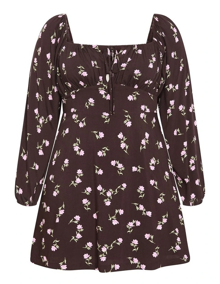 Aire Field Print Long Sleeve Mini Dress in chocolate image 3