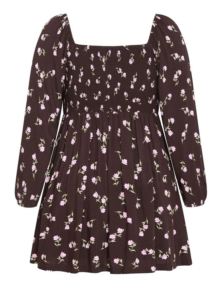 Aire Field Print Long Sleeve Mini Dress in chocolate image 4