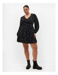 Elsie Print Long Sleeve Mini Dress in black