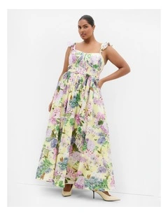 Annika Hydrangea Print Cotton Maxi Dress in lemon