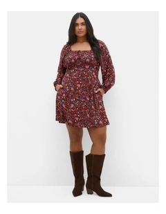 Aire Ditsy Print Long Sleeve Mini Dress in choc cherry