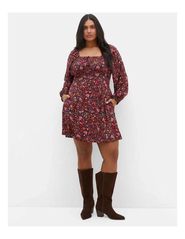 Aire Ditsy Print Long Sleeve Mini Dress in choc cherry image 1