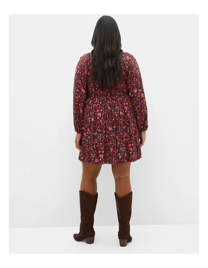 Aire Ditsy Print Long Sleeve Mini Dress in choc cherry image 2