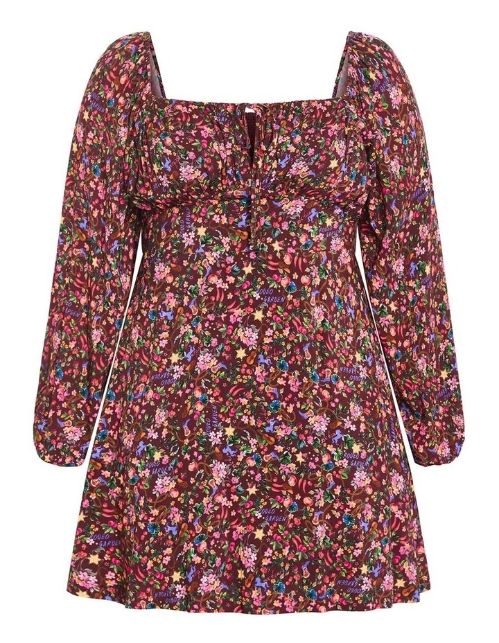 Aire Ditsy Print Long Sleeve Mini Dress in choc cherry image 3