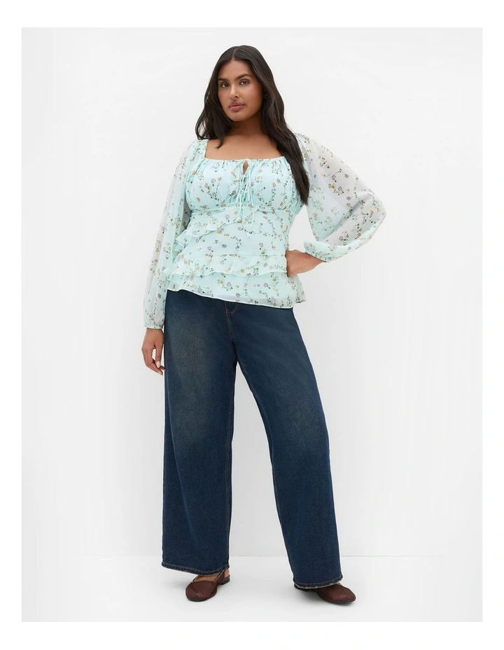 Ruffle Ditsy Print Top in cool mint image 1