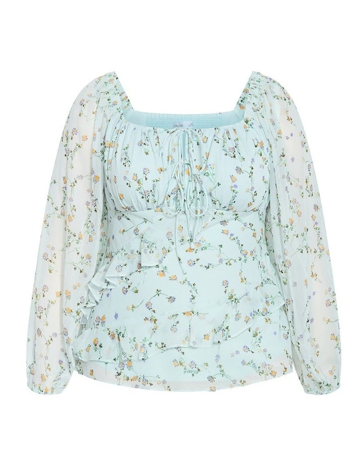 Ruffle Ditsy Print Top in cool mint image 3