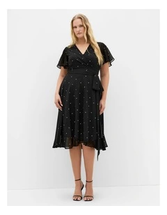 Spot Frill Sleeve Wrap Midi Dress in black