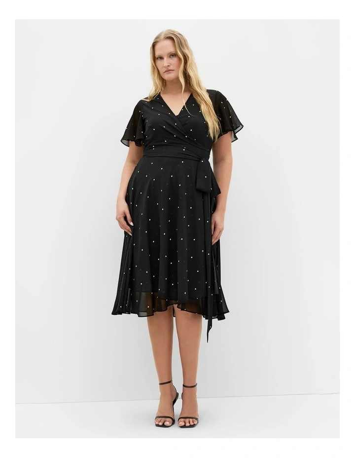 Spot Frill Sleeve Wrap Midi Dress in black image 1